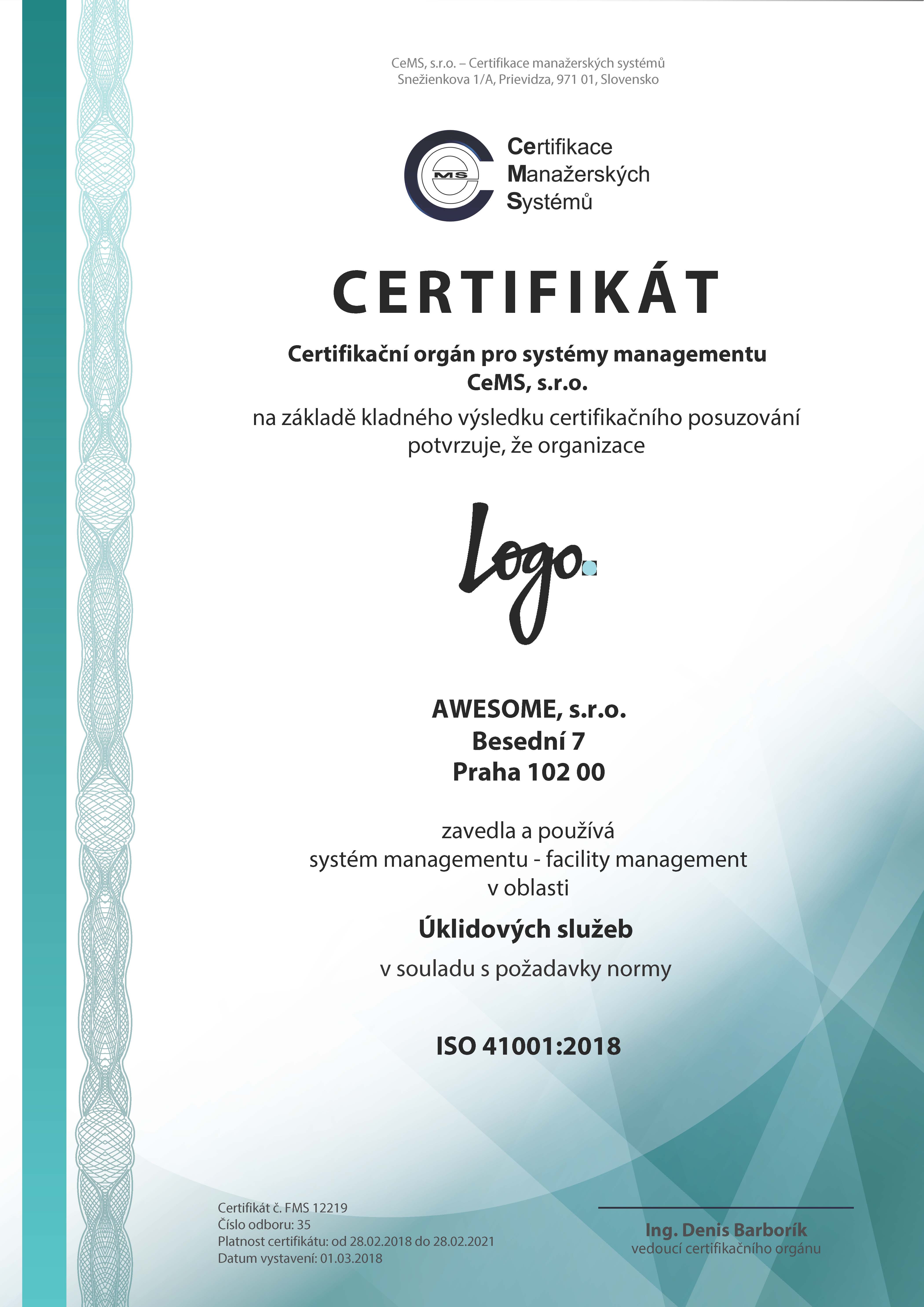 vzor certifikátu ISO 41001 od CeMS
